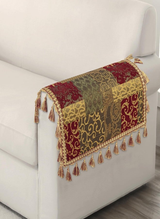 Loom and Mill Luxury Sofa Armrest Covers Set of 2, Classic Damask Thick Chenille Couch Arm Cover Furniture Protector with Lace Edge and Tassels for Chair Couch Sofa (Red&Gold Patchwork, 20x24 inch) - Image 4